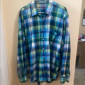 Alan Flusser Blue and Green Plaid Button Down Shirt